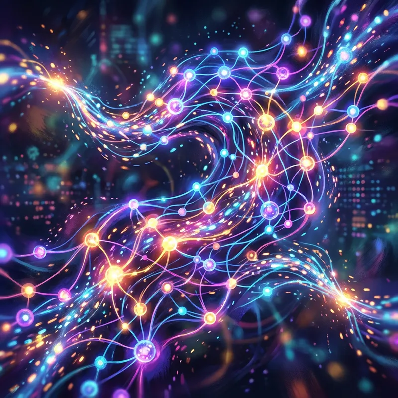 Abstract AI neural network visualization showing data input and output processing