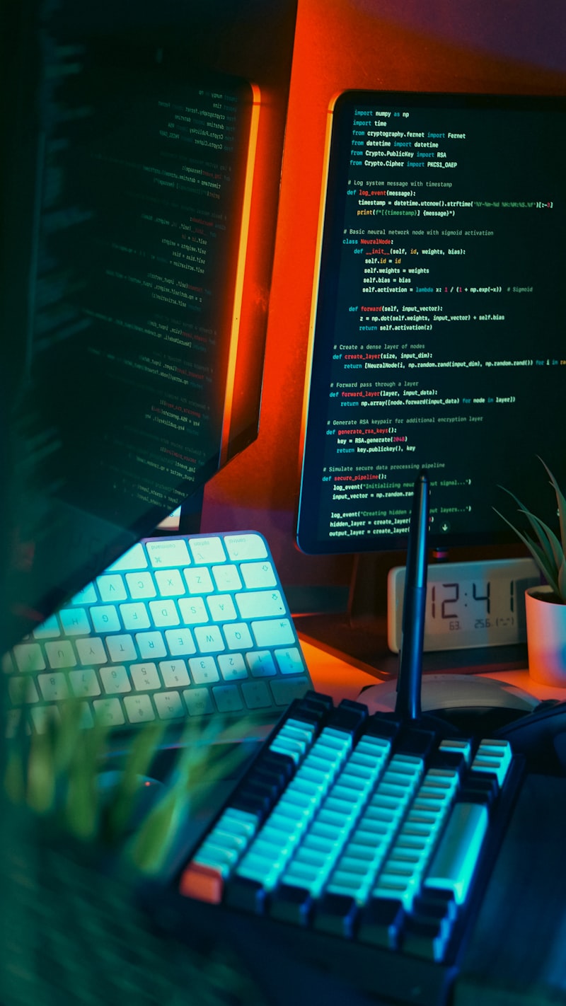 Developer workspace with multiple monitors showing code in a focused dark environment