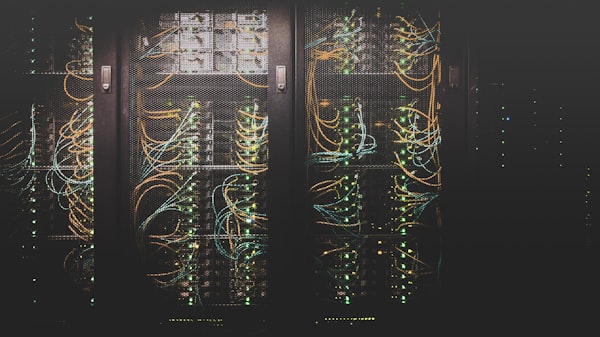 Network cables and server infrastructure representing connected business workflow systems